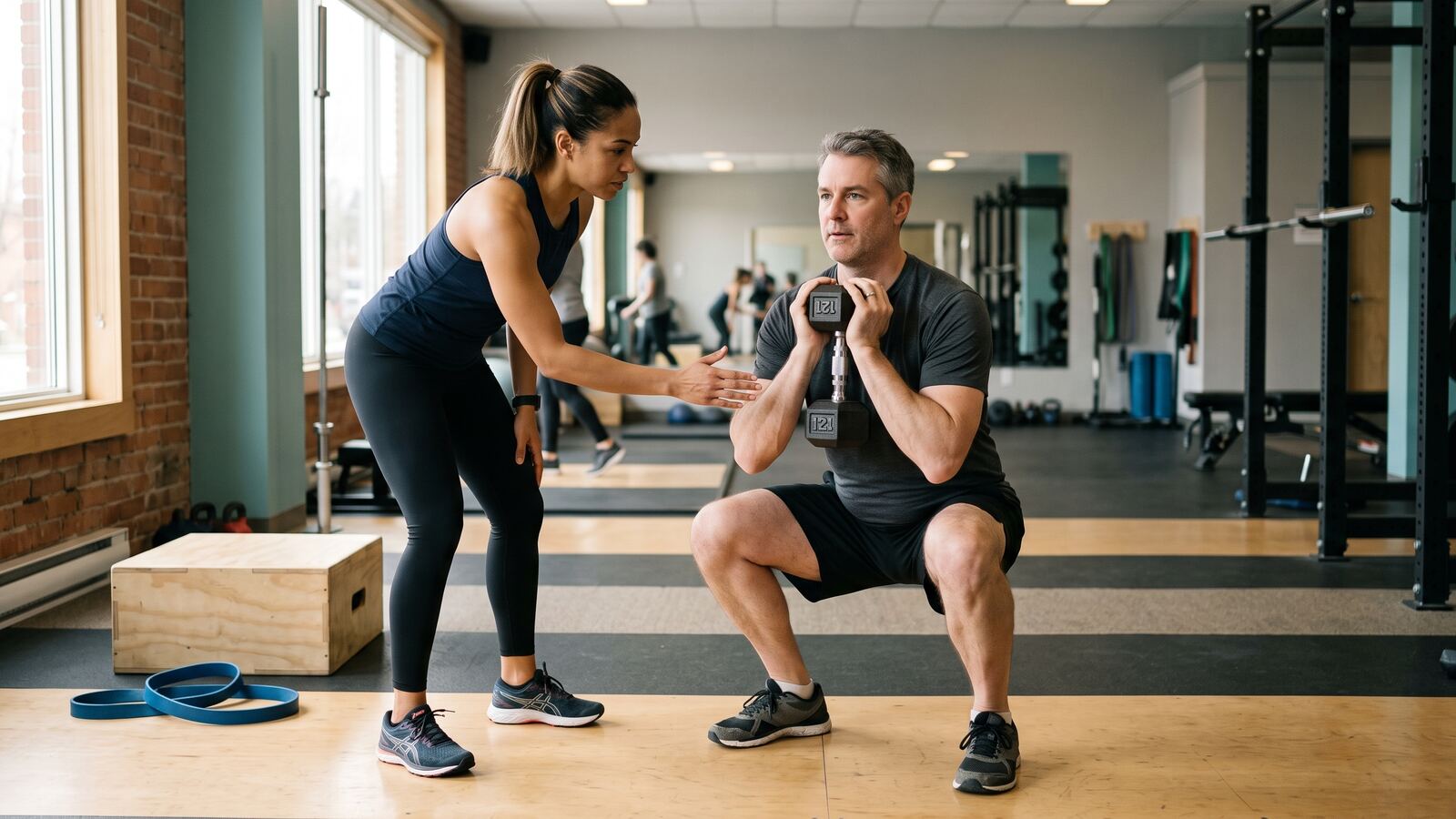 Trainer supervising a client rebuilding strength with light dumbbells after an injury at a Keswick gym